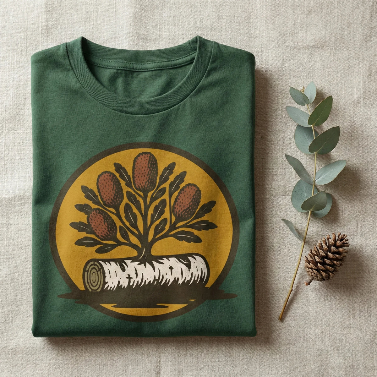 Folded green t-shirt with a tree design on a beige surface with a pine cone and branch.